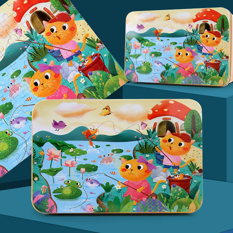 Wooden Puzzle 3-6 Years Old 100 Pieces Iron Box Wooden Puzzle Toy Kidsren'S Educational Early Education Building Blocks Fun - Image 1